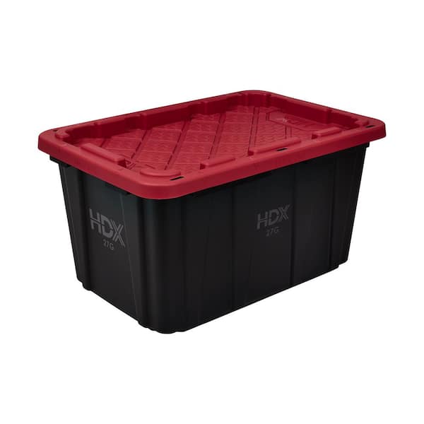 27-gallon black storage tote with a red lid